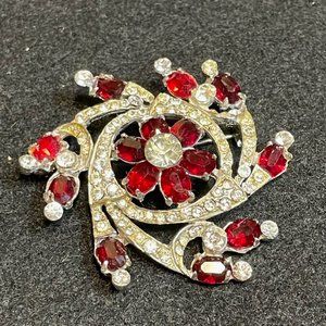 Vintage Joseph Wiesner NY 1950's red & clear rhinestones brooch pin